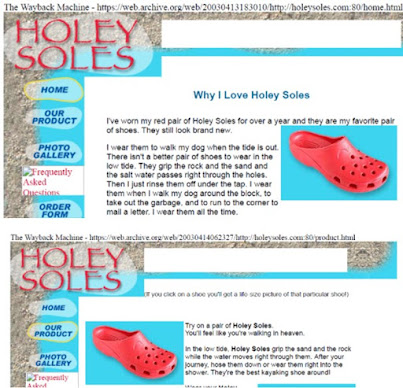 Sitio web de Holey Soles en 2003, diseño previo que sirvió de base para invalidar el registro de Crocs