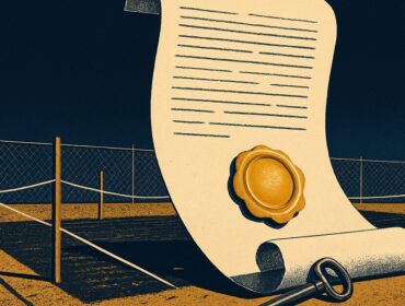 Terreno cercado con un pergamino de escritura y sello dorado, ilustración editorial