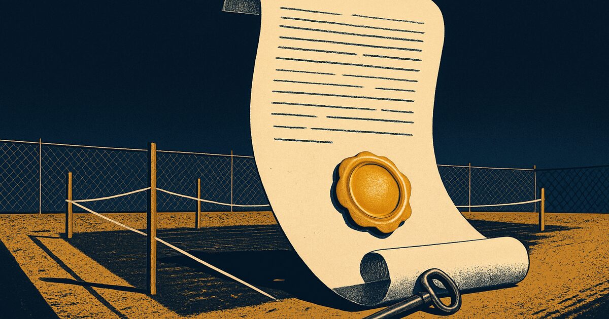 Terreno cercado con un pergamino de escritura y sello dorado, ilustración editorial