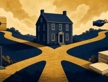 Ilustración editorial de una casa familiar rodeada por cuatro caminos que representan las distintas etapas de una sucesión