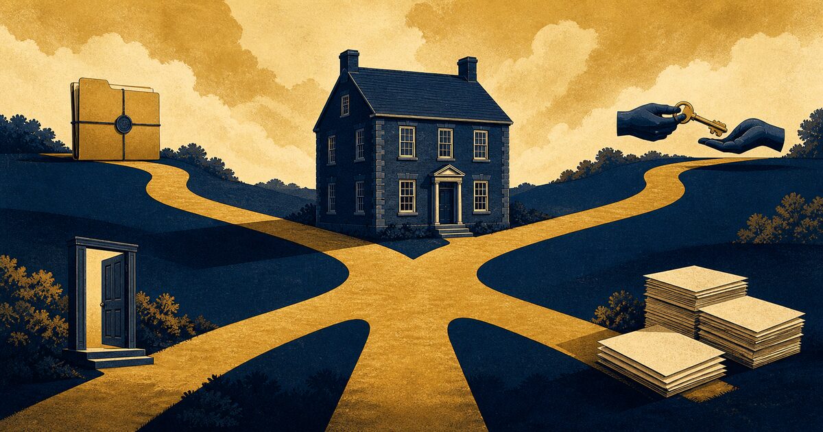 Ilustración editorial de una casa familiar rodeada por cuatro caminos que representan las distintas etapas de una sucesión