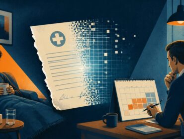 Empleado con licencia médica y empleador revisando un certificado digital