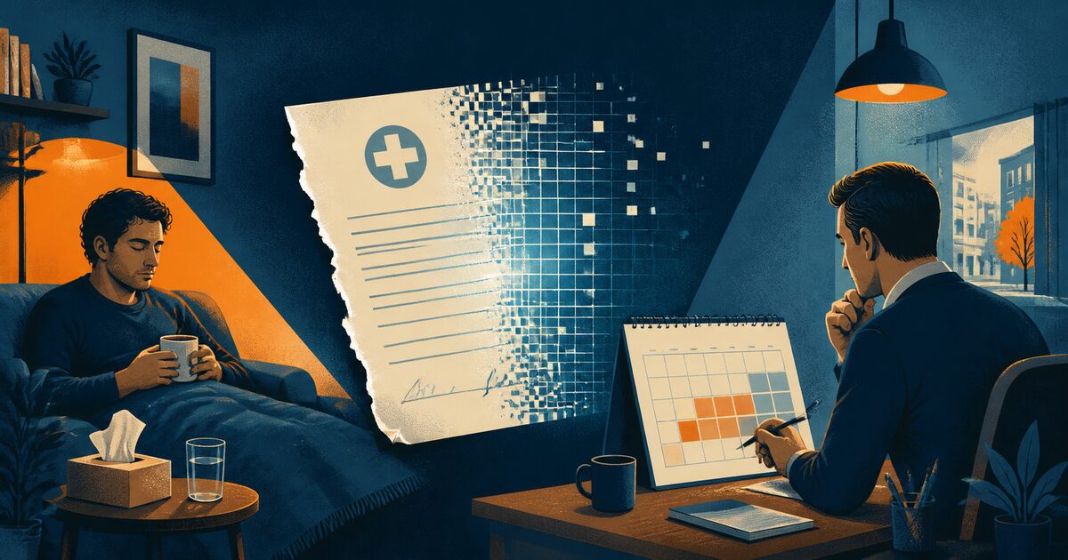 Empleado con licencia médica y empleador revisando un certificado digital