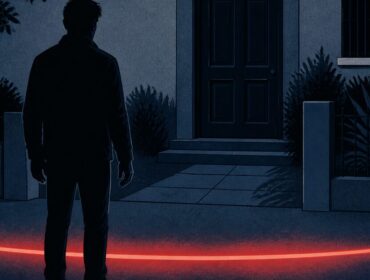 Ilustración de una persona detenida ante un límite luminoso frente a una vivienda