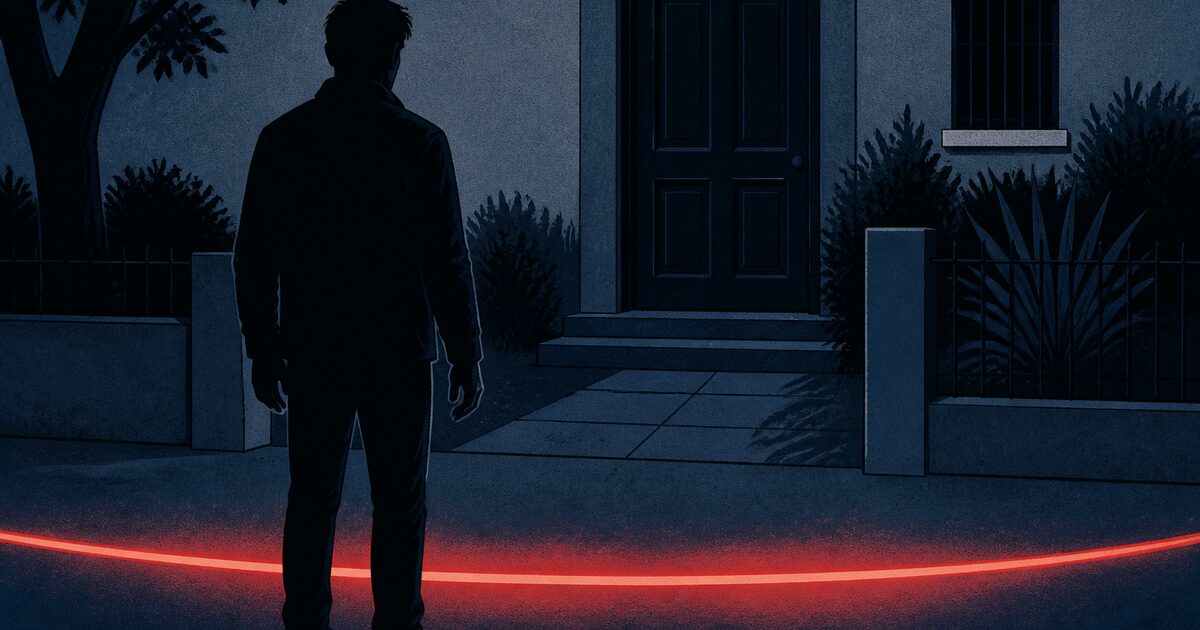 Ilustración de una persona detenida ante un límite luminoso frente a una vivienda