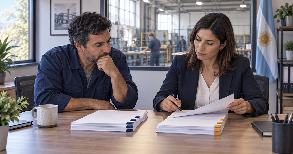 Empresario y asesora laboral revisan documentación en una PyME