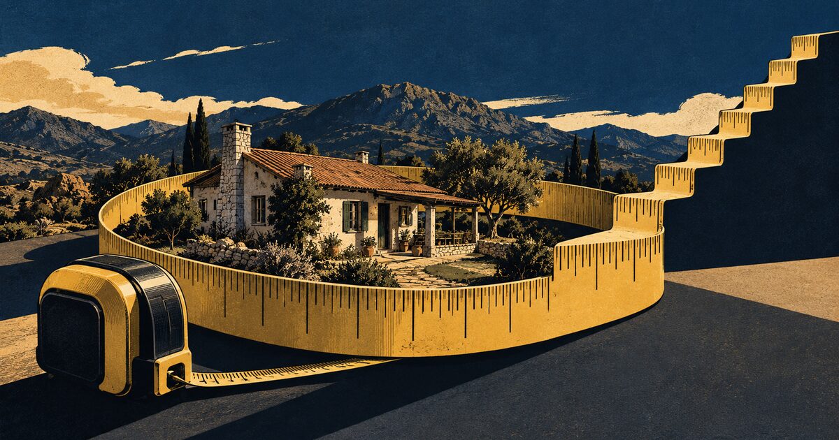 Ilustración de una casa rodeada por una cinta de agrimensor cuyas marcas forman una escala ascendente.
