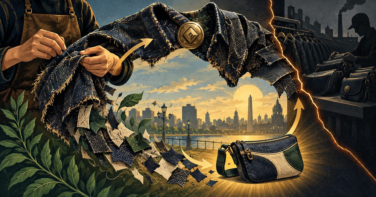 Ilustración editorial sobre upcycling, economía circular y propiedad intelectual