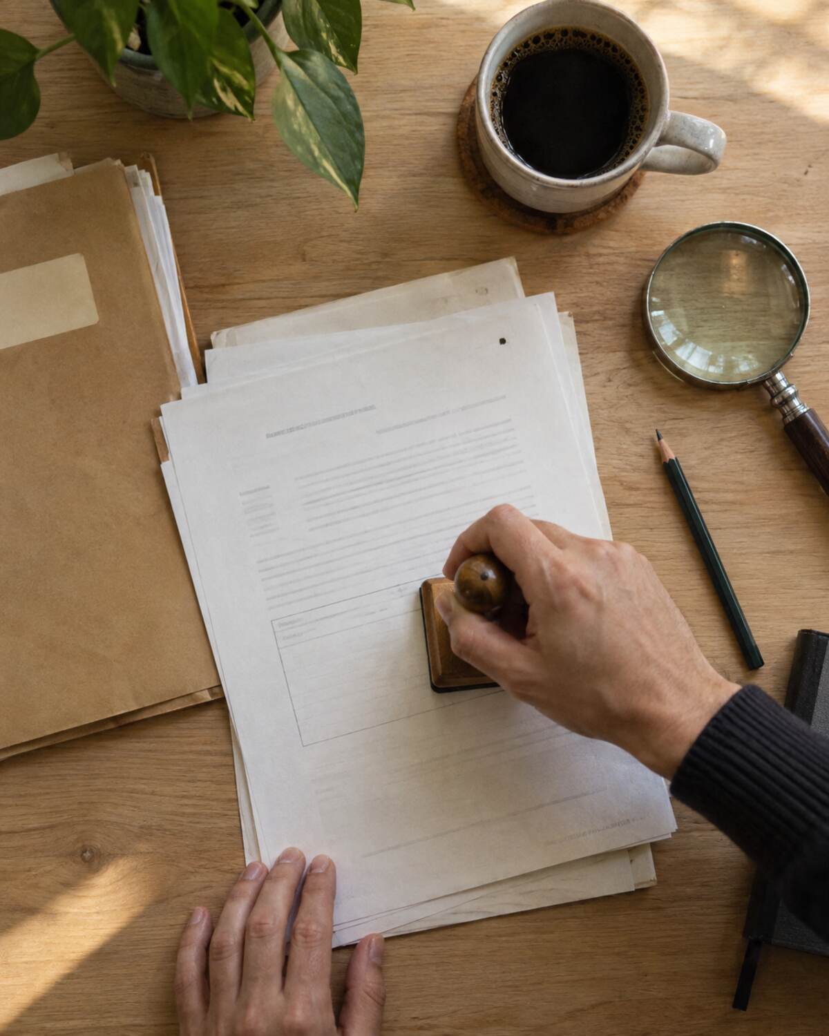 Documentos de un registro de marca sobre una mesa, con sello y carpeta de expediente