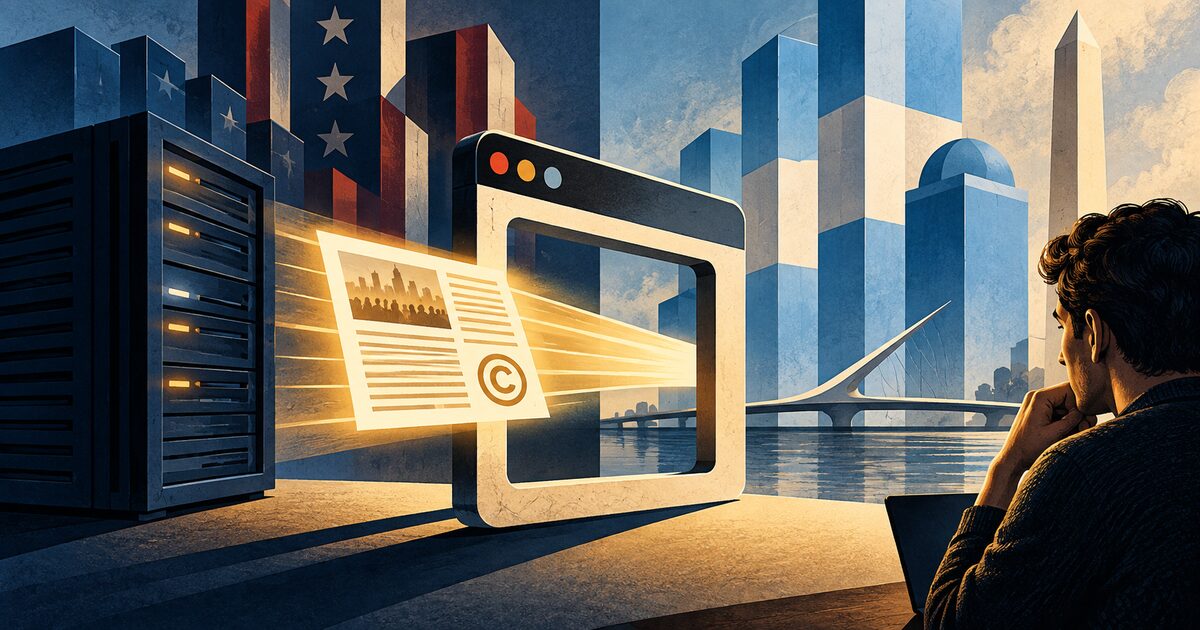 Ilustración editorial de un artículo transmitido desde un servidor a través del marco de un navegador.