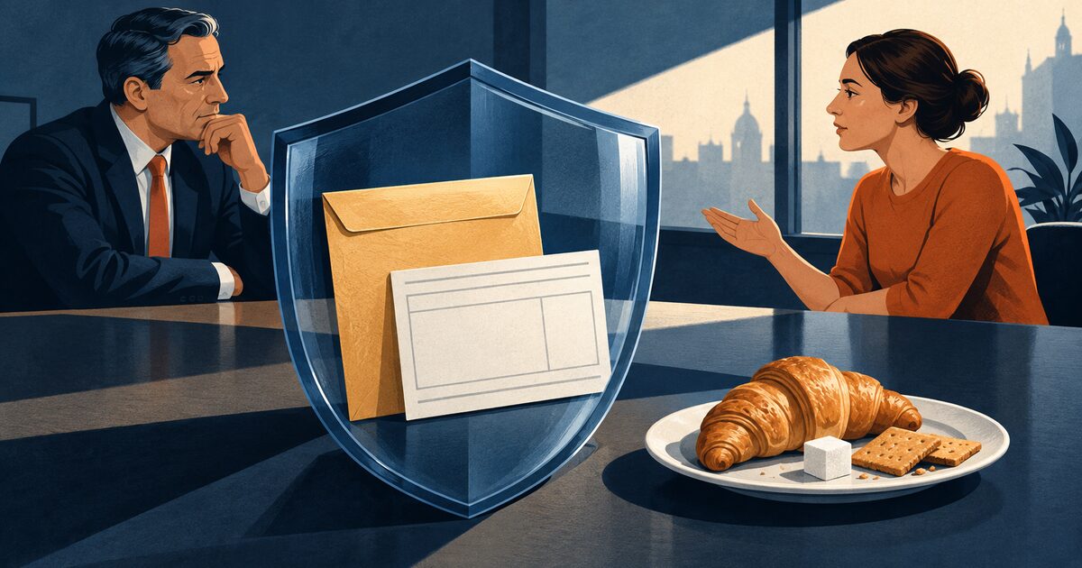 Ilustración editorial de un sueldo protegido frente a una regla empresarial sobre alimentos.
