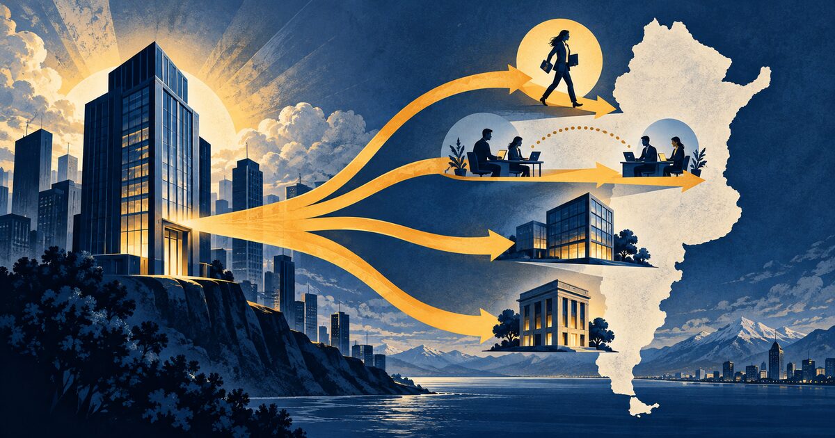 Ilustración editorial de una empresa extranjera y cuatro caminos para contratar y operar en Argentina.