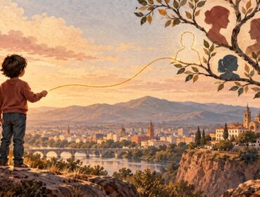 Ilustración de un niño que busca completar su árbol familiar, para una guía sobre juicio de filiación en Córdoba