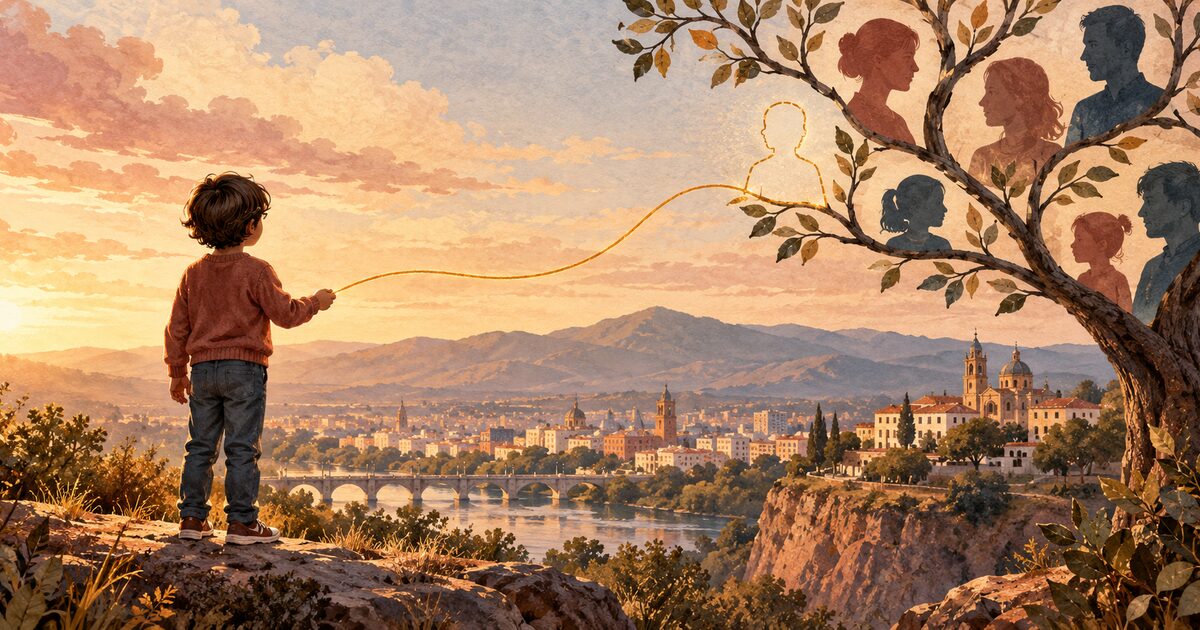 Ilustración de un niño que busca completar su árbol familiar, para una guía sobre juicio de filiación en Córdoba