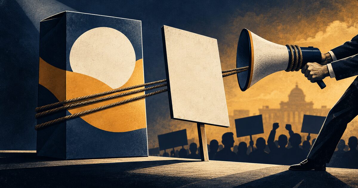 Ilustración editorial de un envase genérico y un megáfono de campaña, sin marcas ni texto.