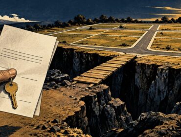 Ilustración editorial de un lote de terreno y un boleto de compraventa tras la quiebra de Márquez 4 Elementos