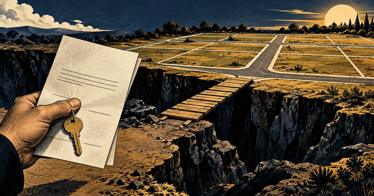 Ilustración editorial de un lote de terreno y un boleto de compraventa tras la quiebra de Márquez 4 Elementos
