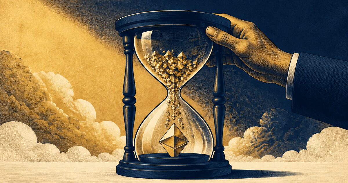 Ilustración editorial de una mano girando un reloj de arena con emblemas dorados, símbolo de la renovación de una marca.