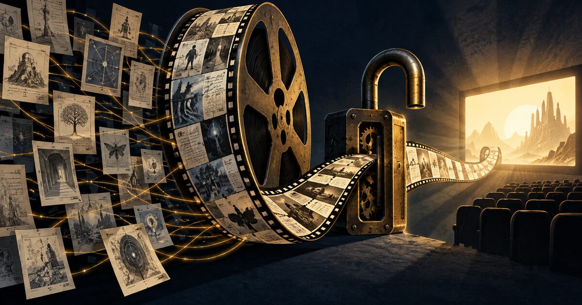 Ilustración editorial de una película construida con archivos de múltiples autores y una licencia abierta