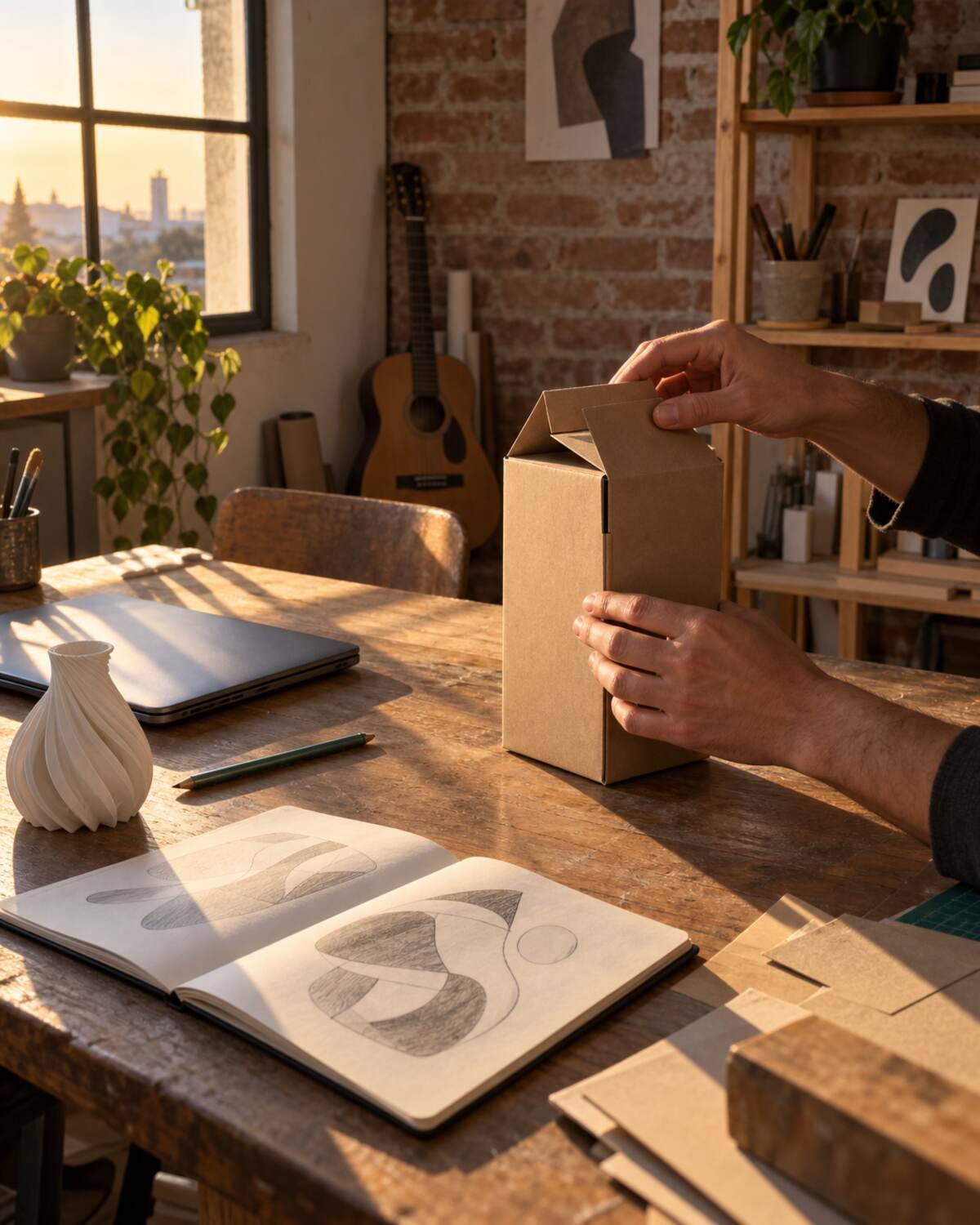 Mesa de trabajo de un taller creativo en Córdoba con un prototipo, una guitarra y bocetos de un logotipo