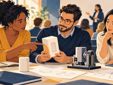 Ilustración editorial de tres profesionales conversando sobre una marca y un prototipo en un taller.