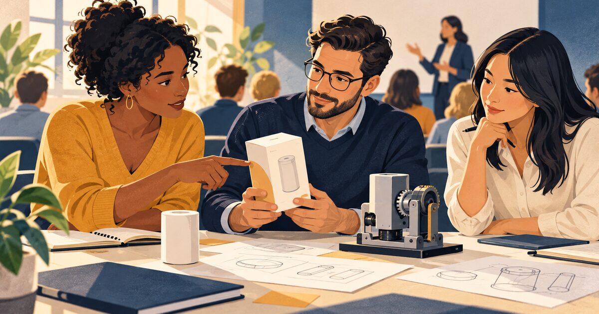Ilustración editorial de tres profesionales conversando sobre una marca y un prototipo en un taller.