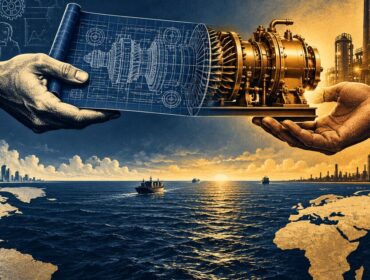 Ilustración editorial de planos técnicos que se transforman en un mecanismo industrial entre dos manos