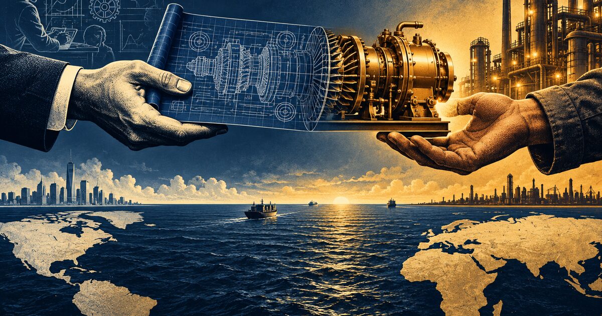 Ilustración editorial de planos técnicos que se transforman en un mecanismo industrial entre dos manos