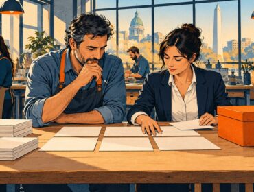 Ilustración editorial de una empresaria y su contador organizando la planificación laboral dentro de una PyME.