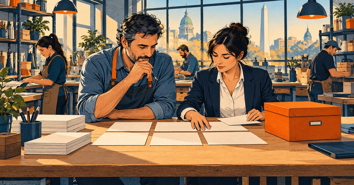 Ilustración editorial de una empresaria y su contador organizando la planificación laboral dentro de una PyME.