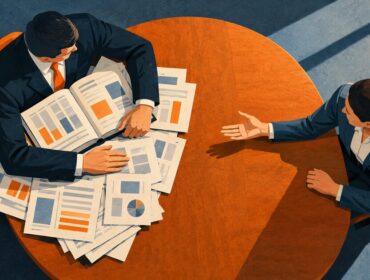 Ilustración editorial de dos socios en una mesa: uno concentra libros y documentos contables mientras el otro solicita acceso a la información.