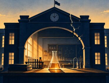 Ilustración editorial de un colegio con un arco protector agrietado sobre un laboratorio y un matraz iluminado, como metáfora del deber de seguridad escolar.