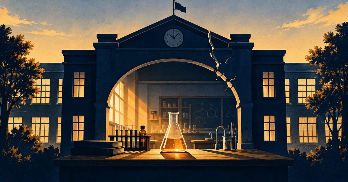 Ilustración editorial de un colegio con un arco protector agrietado sobre un laboratorio y un matraz iluminado, como metáfora del deber de seguridad escolar.