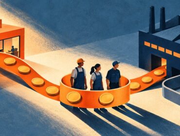 Trabajadores entre una agencia y una fábrica, rodeados por un circuito de monedas que representa el pago de las cargas sociales.