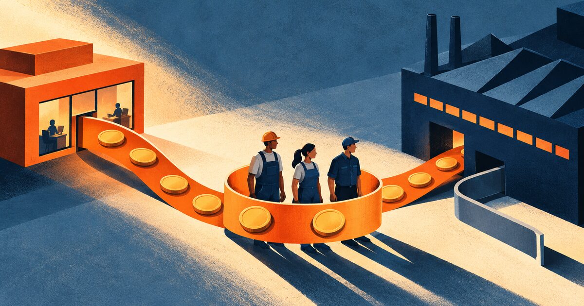 Trabajadores entre una agencia y una fábrica, rodeados por un circuito de monedas que representa el pago de las cargas sociales.