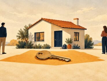 Ilustración de una casa familiar, una llave y dos adultos a cada lado, como representación del uso de la vivienda después de separarse.
