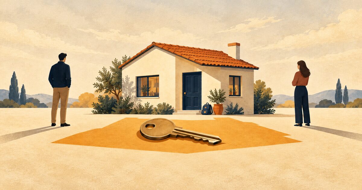 Ilustración de una casa familiar, una llave y dos adultos a cada lado, como representación del uso de la vivienda después de separarse.