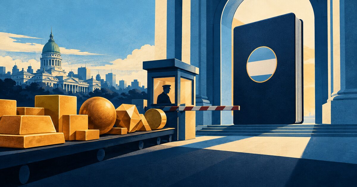 Ilustración editorial de un pasaporte ante una puerta y un control de acceso, junto a formas que representan capital.