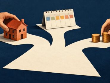 Ilustración editorial de dos manos organizando una casa, un calendario y monedas sobre caminos de papel, como representación de un convenio regulador del divorcio.