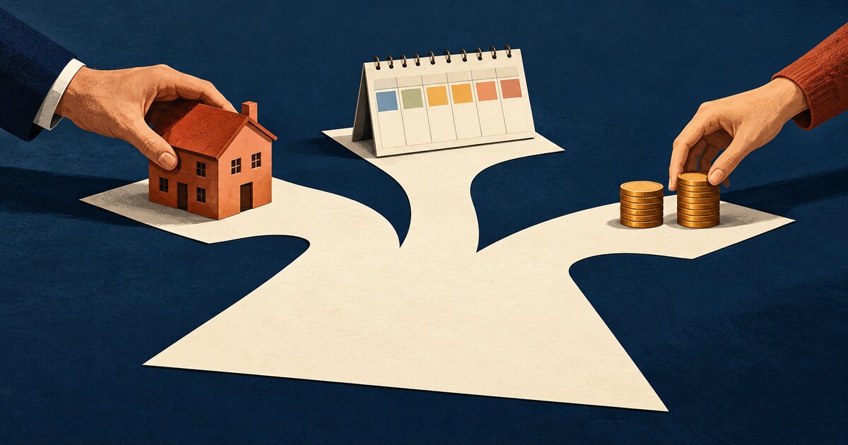 Ilustración editorial de dos manos organizando una casa, un calendario y monedas sobre caminos de papel, como representación de un convenio regulador del divorcio.