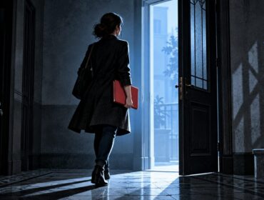 Ilustración editorial de una mujer con una carpeta roja que camina hacia una puerta abierta e iluminada, como representación del acceso a ayuda.