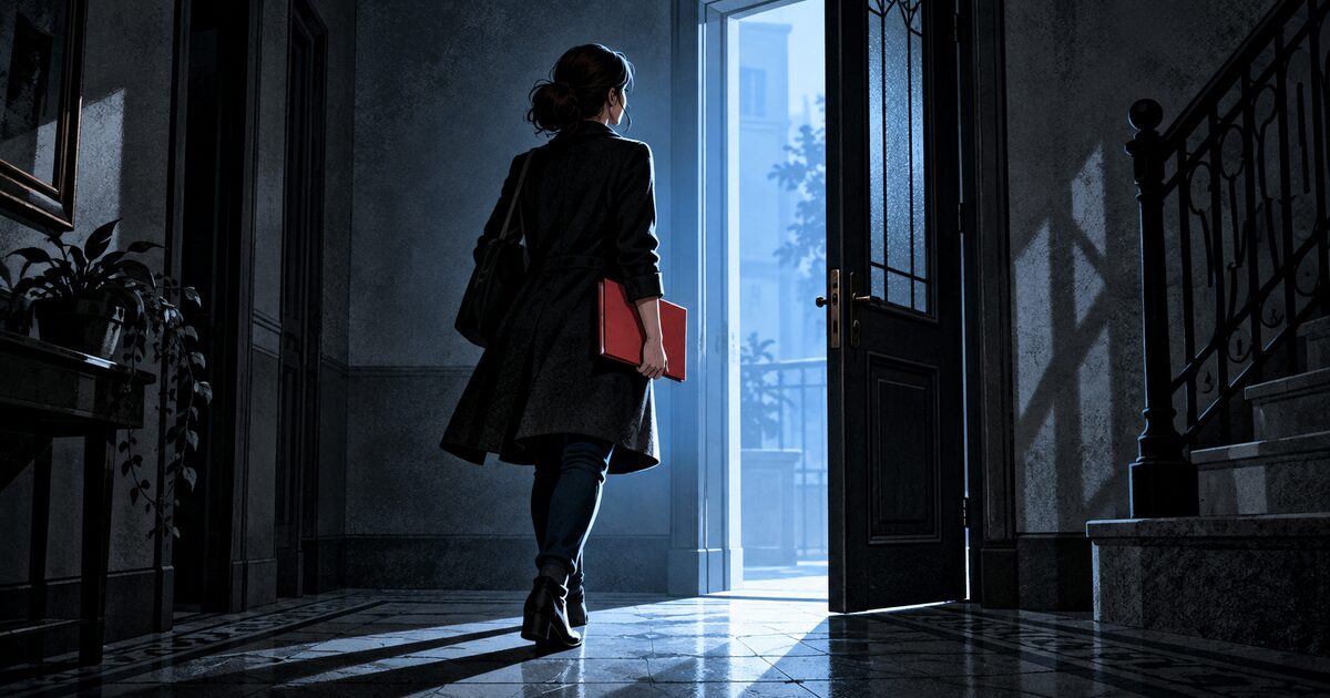 Ilustración editorial de una mujer con una carpeta roja que camina hacia una puerta abierta e iluminada, como representación del acceso a ayuda.