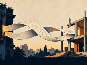 Ilustración editorial de un departamento habitado y una vivienda sin terminar unidos por papeles entrelazados, como representación de contratos inmobiliarios vinculados.