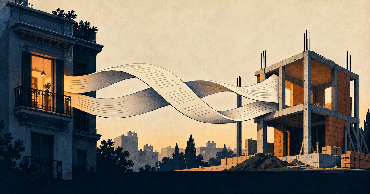 Ilustración editorial de un departamento habitado y una vivienda sin terminar unidos por papeles entrelazados, como representación de contratos inmobiliarios vinculados.