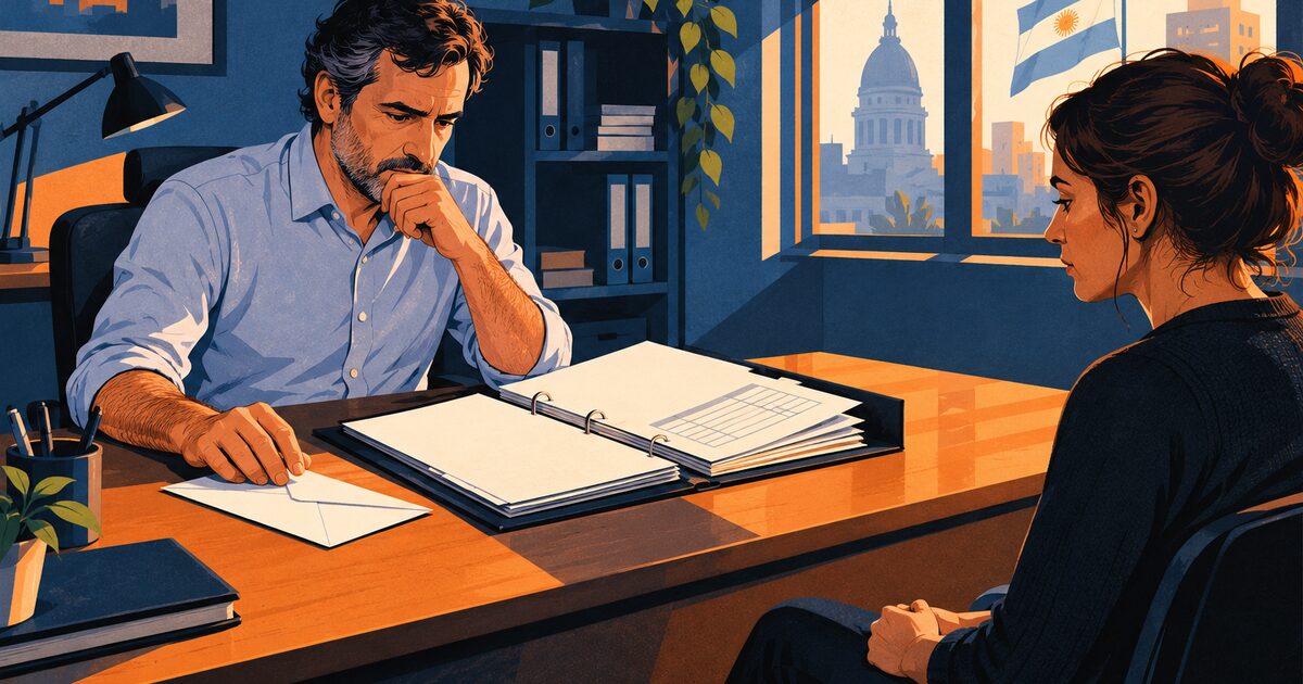 Un empleador revisa un legajo y una comunicación sobre el escritorio mientras un trabajador espera frente a él, en una ilustración editorial azul y naranja.