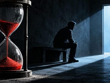 Ilustración editorial de una persona sentada junto a una puerta iluminada y un reloj de arena, en representación del tiempo de detención.