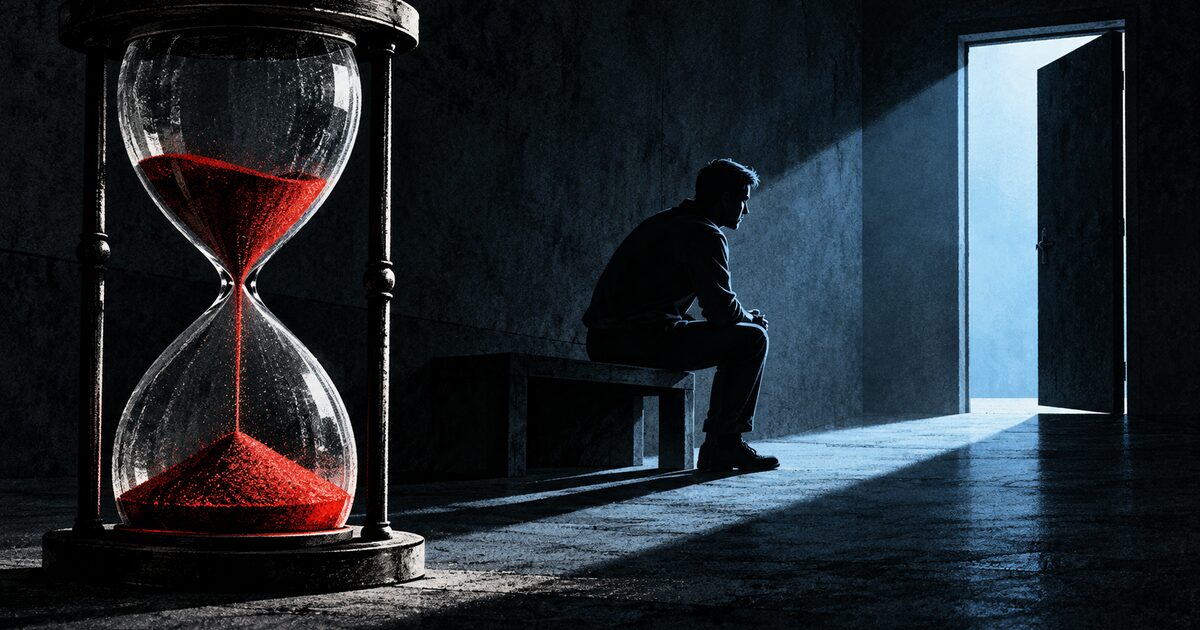 Ilustración editorial de una persona sentada junto a una puerta iluminada y un reloj de arena, en representación del tiempo de detención.