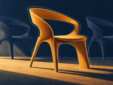 Ilustración editorial de una silla escultural ámbar con su contorno delineado y dos siluetas azules similares al fondo.