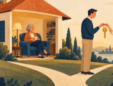 Una madre permanece en su vivienda mientras sus hijos sostienen una llave: donación con reserva de usufructo.