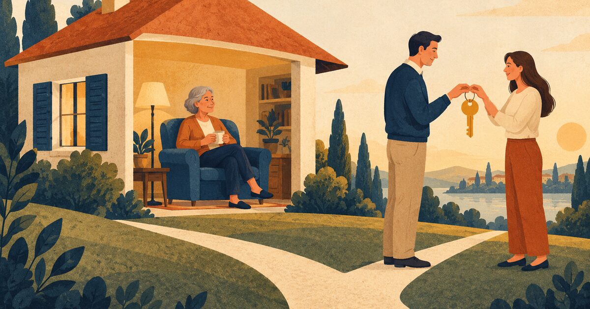 Una madre permanece en su vivienda mientras sus hijos sostienen una llave: donación con reserva de usufructo.